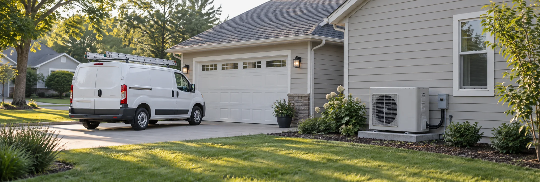 Illustrative residential HVAC scene with an unbranded service van outside a suburban home.