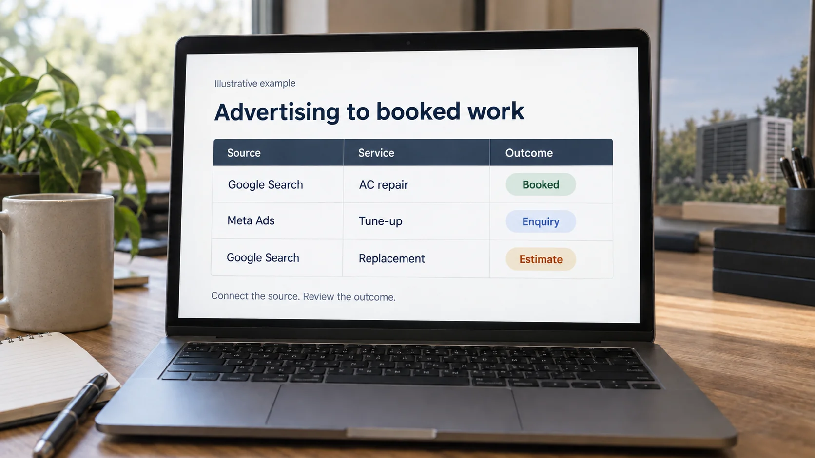 Illustrative example on a laptop linking Google Search and Meta Ads enquiries with HVAC services and job outcomes.
