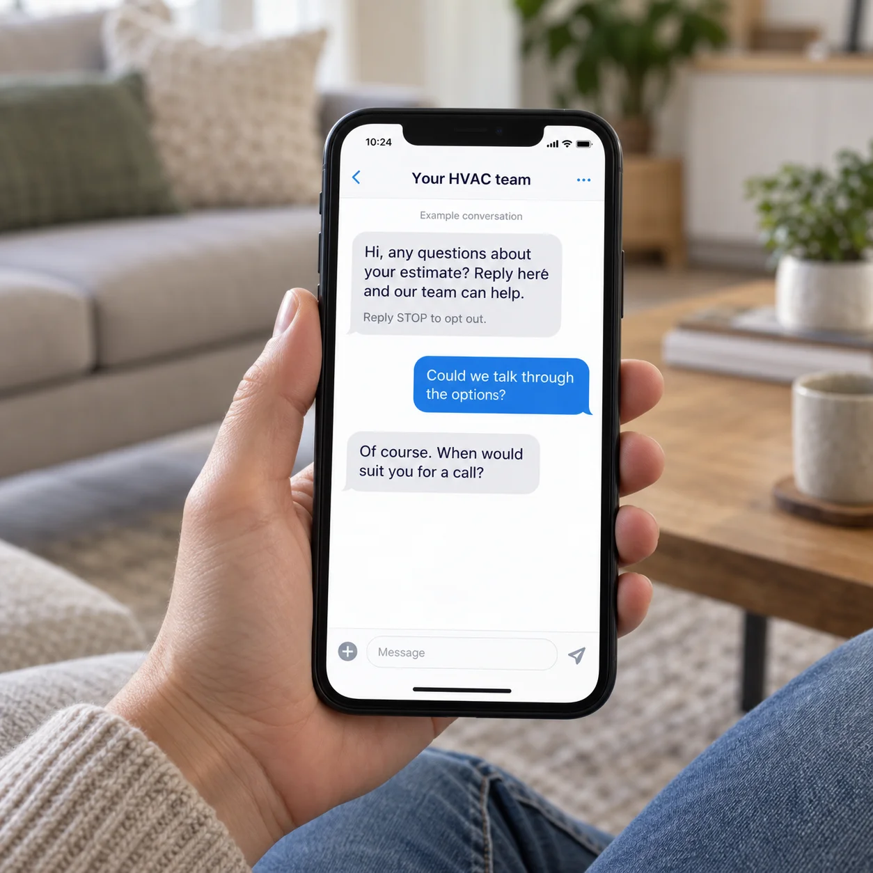 Illustrative example of a homeowner replying to an HVAC estimate follow-up message on a phone.