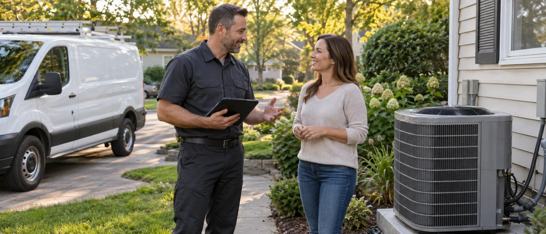 Illustration of an HVAC technician speaking with a homeowner beside an air-conditioning system.