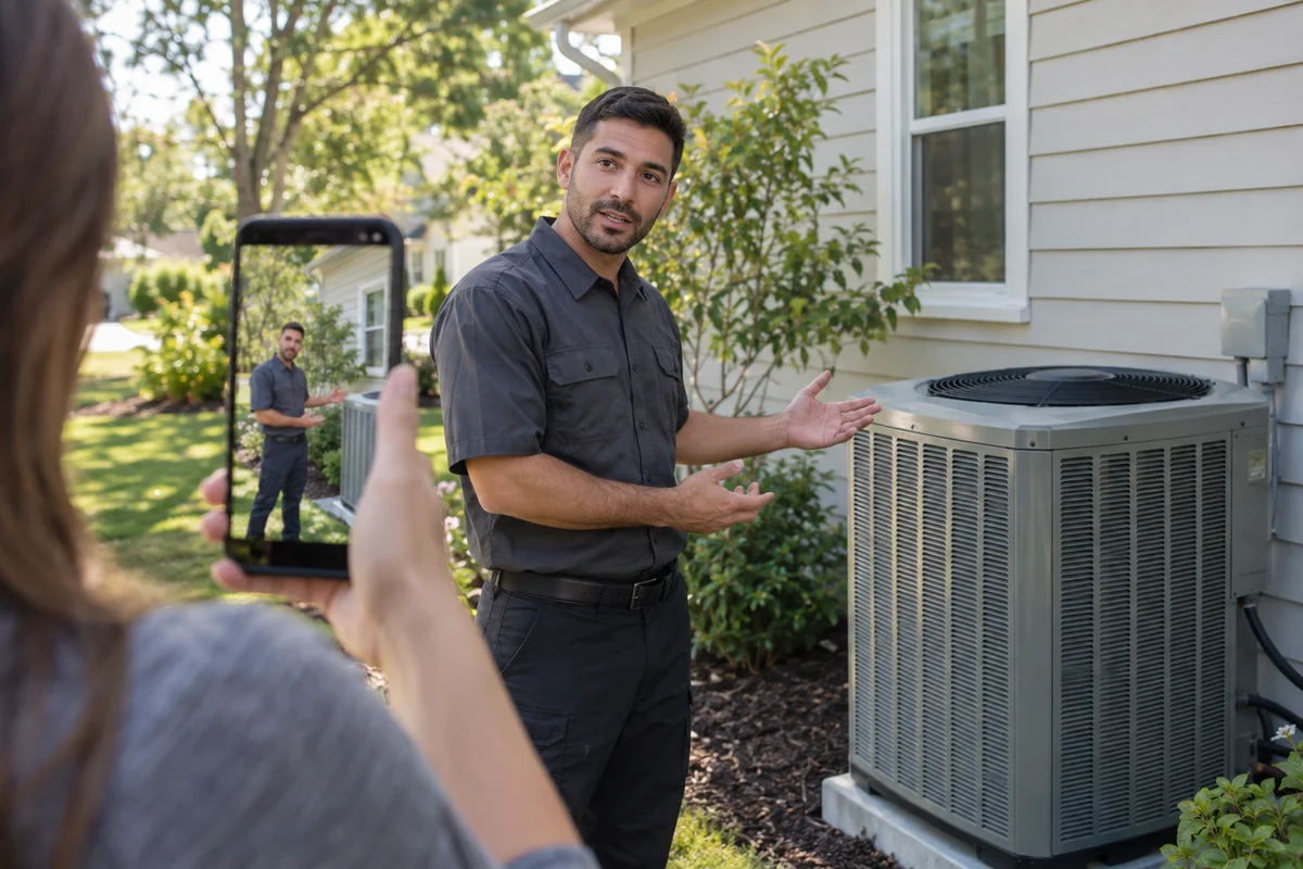 Illustration of an HVAC technician filming a video explaining an air-conditioning system.