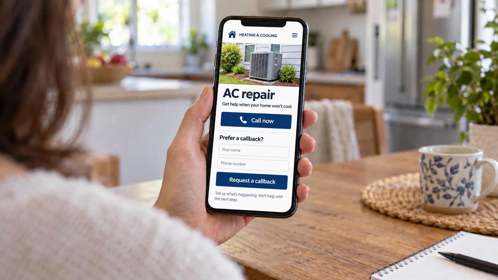 Illustration of a homeowner viewing an HVAC landing page with call and callback options on a phone.