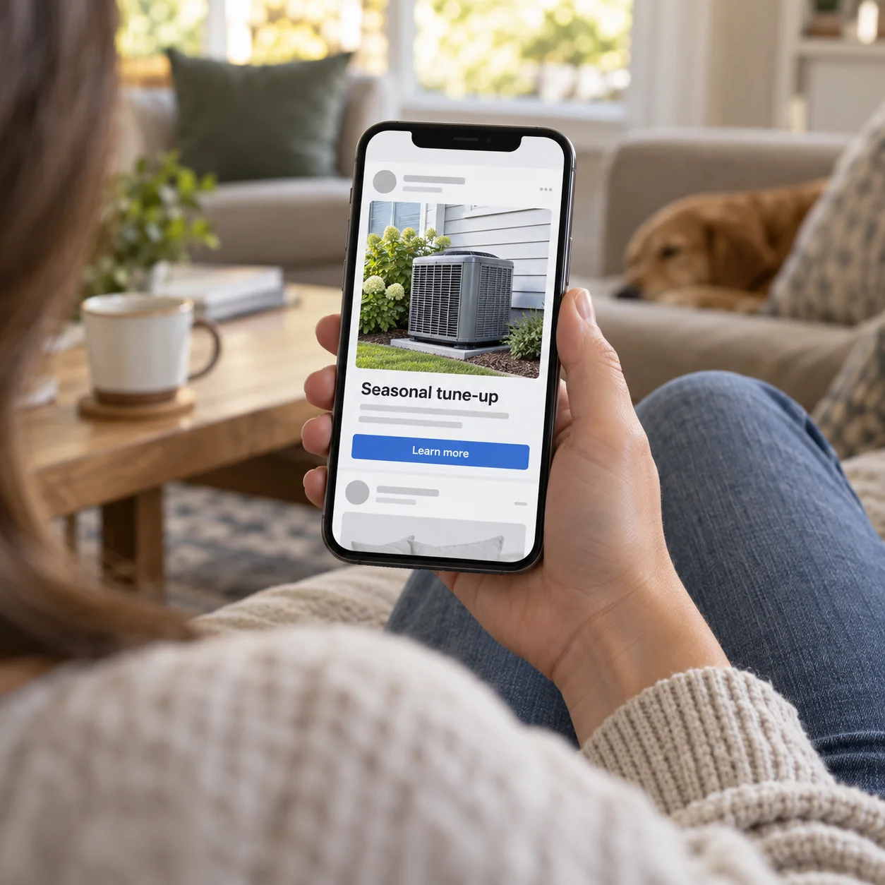 Illustration of a homeowner viewing a seasonal HVAC tune-up offer on a phone.